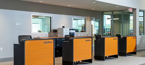 Interior view of Jeep facility supplier desks